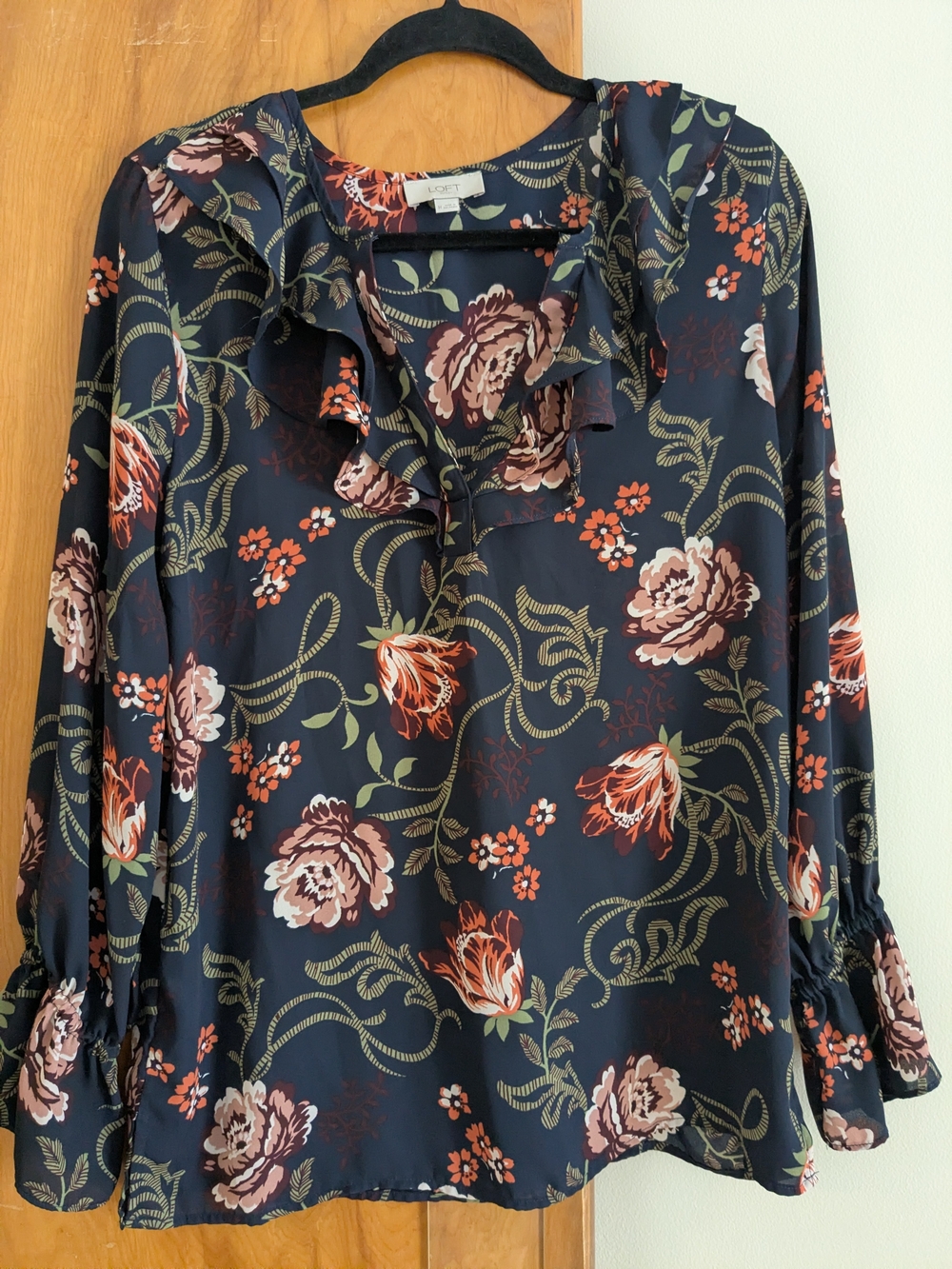 LOFT Navy Floral Ruffle-Trim Blouse